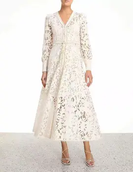 

High Quality Lace midi dress white Long Dress Elegant Long Sleeve V-Neck Night CLub Vintage Evneing Party Dress Long