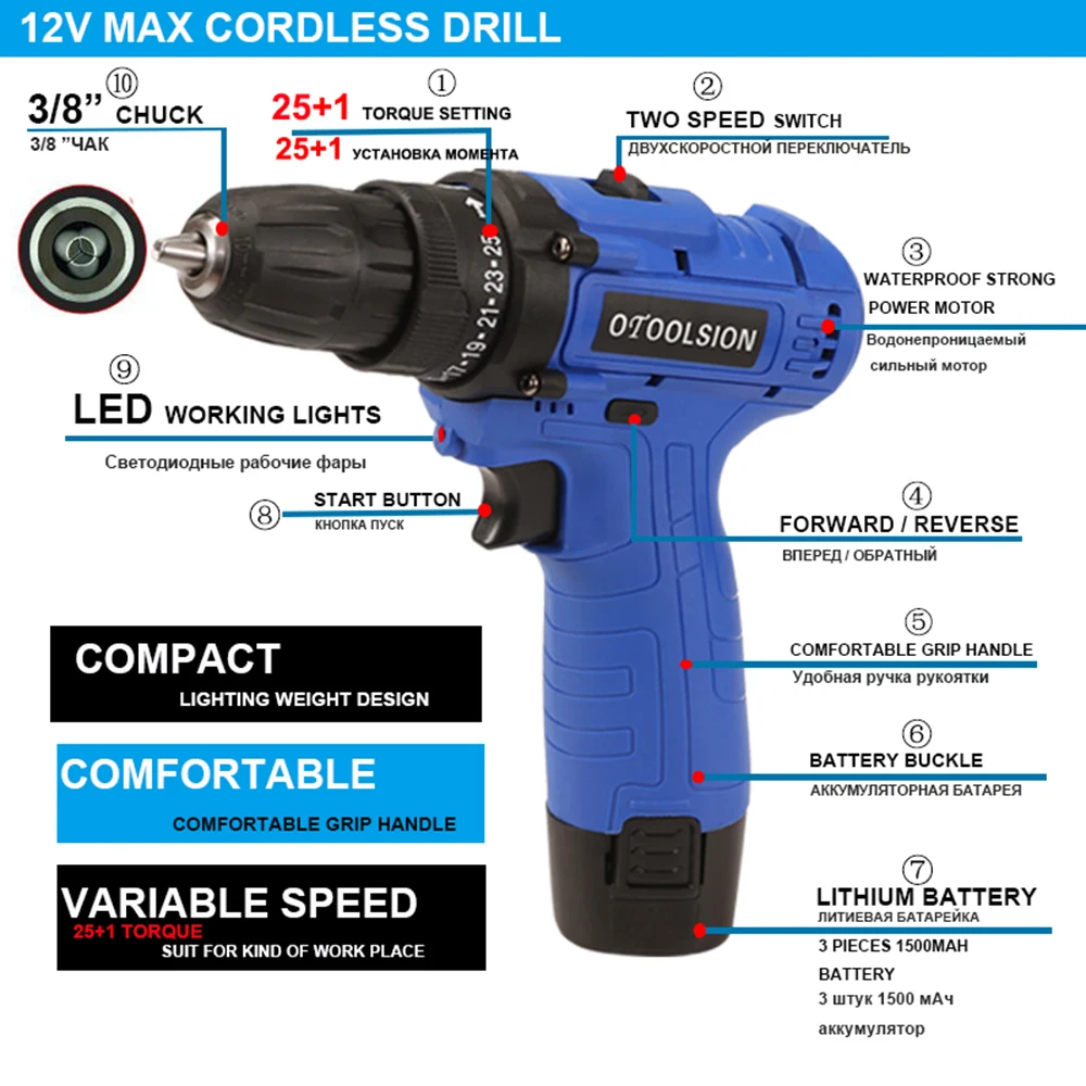 New 25+1 Torque 12V 2 Speed Electric Drill Cordless Drill Rechargeable Battery Screwdriver Drill Screwdriver Power Tool (6)
