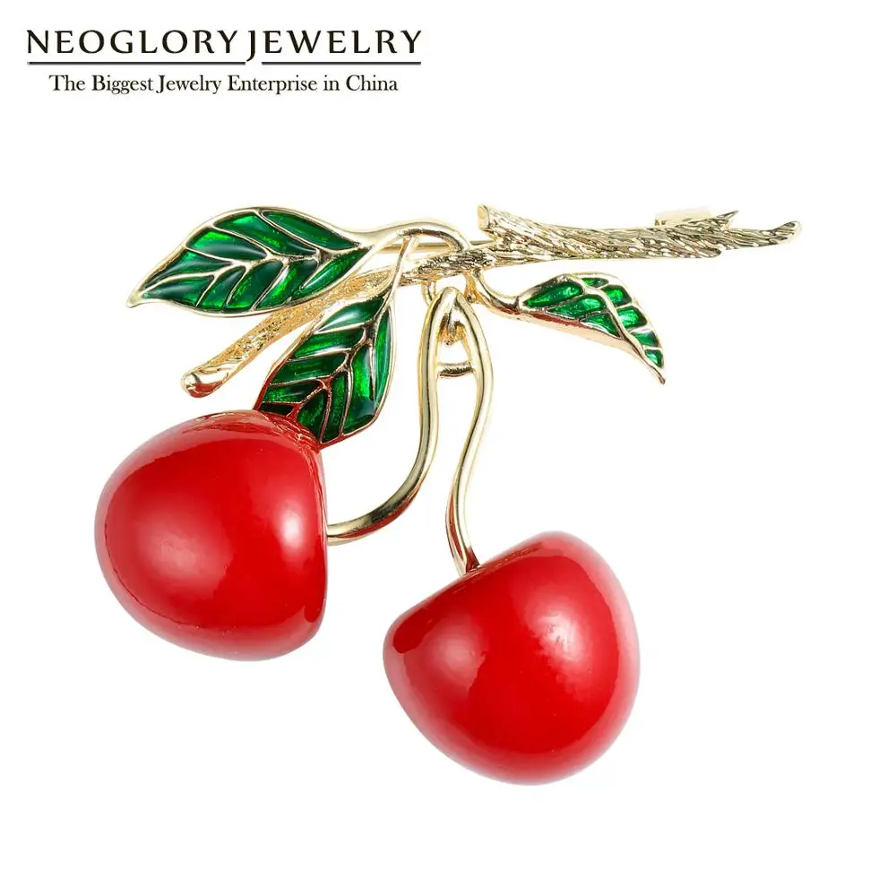 

Neoglory New Design Lovely Red Cherry Enamel Brooches For Women 2020 Statement Elegant Trend Jewelry for Party Gift For Mother