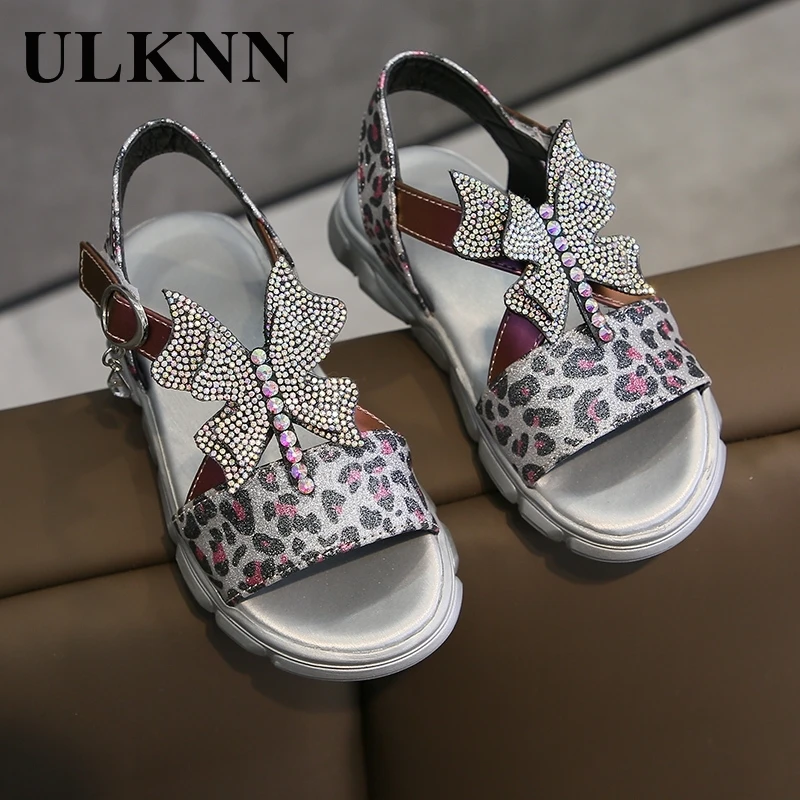 

ULKNN Girls Summer Sandals Children Crystal Purple Sandal New Beach Shoes Infant Soft Student Baby Princess Bow Leather PU