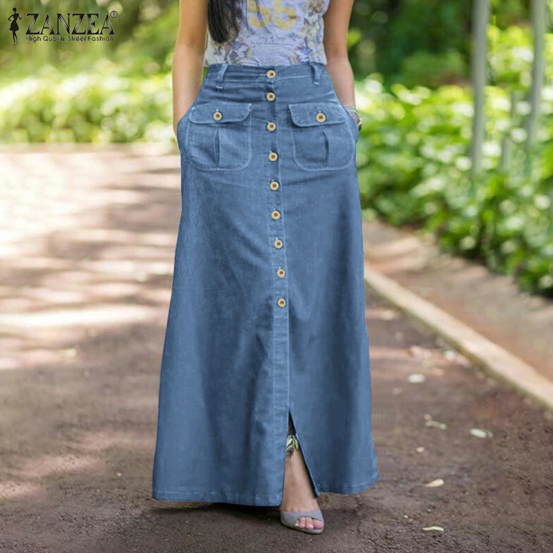 ZANZEA faldas Retro de mezclilla para mujer, falda larga informal de color  azul, con abertura, corte en A, con botones, talla grande, 2021|Faldas| -  AliExpress