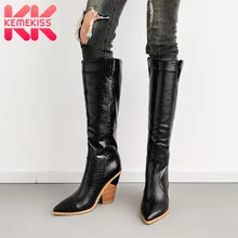 KemeKiss/брендовые сапоги до колена размера плюс 33-43, женские теплые плюшевые сапоги с острым носком на высоком каблуке, женские ковбойские ботинки, зимняя обувь для женщин