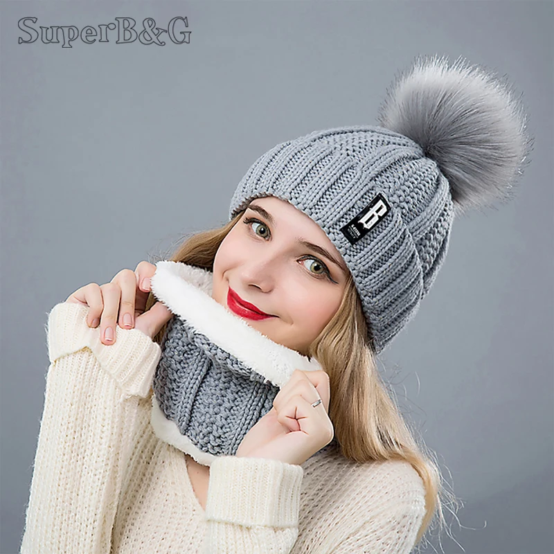 Высококачественная зимняя женская шапка, шарф, набор плюс бархатная Толстая зимняя теплая шапка с помпоном для женщин, однотонный вязаный шарф-кольцо, 2 шт