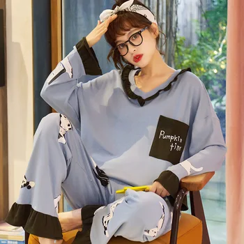 

2020 new cute graffiti character embroidered long-sleeved T-shirt + trousers ladies Autumn small fresh pajamas two-piece
