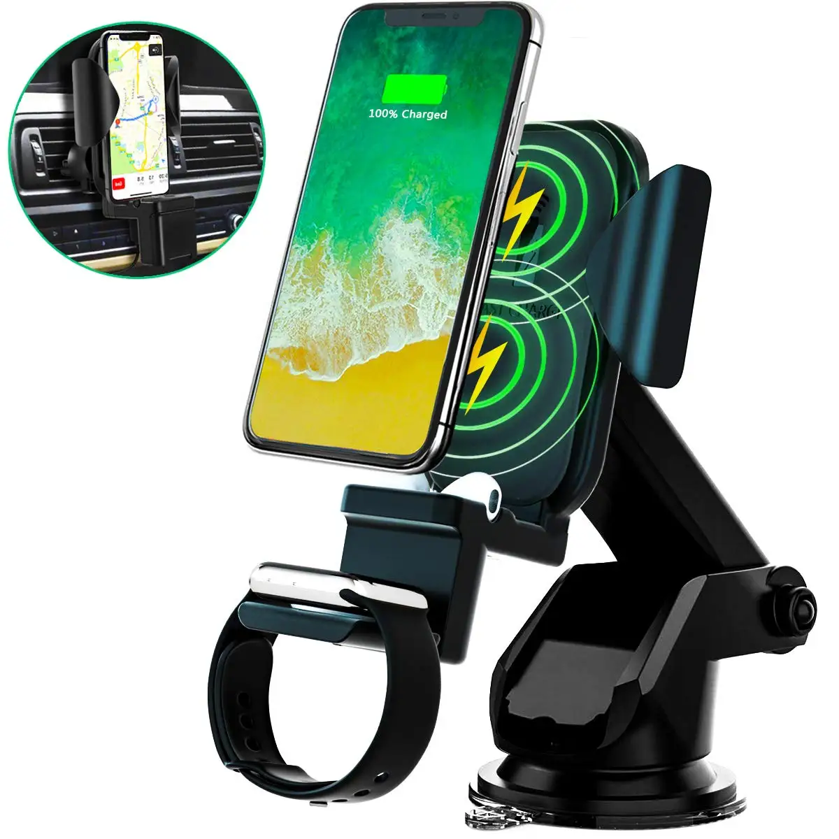 

3 in 1 Wireless Charging Car Charger,Auto Clamping Car Vent Phone Holder,Air Pods Watch,with QC3.0 Car Charger Adapter