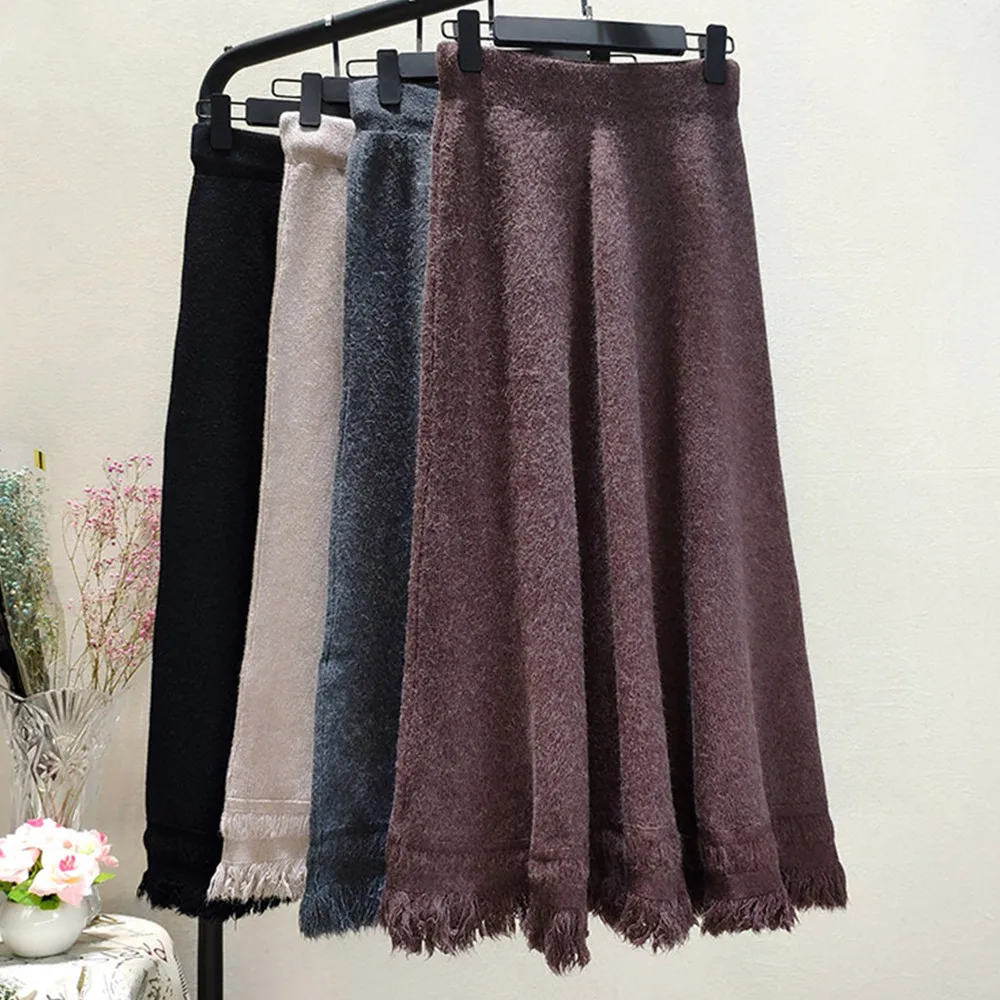

autumn winter flexible stretch high waisted midi a line warm thermal knitted skirt for women fringed tassels skirts womens saias
