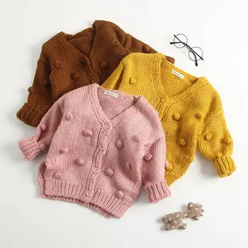 

Toddler Baby Girl Solid Yellow Long Sleeve Button Pocket Knitted Cardigan Sweater Fuzzy Ball Coat Jacket Warm Outerwear