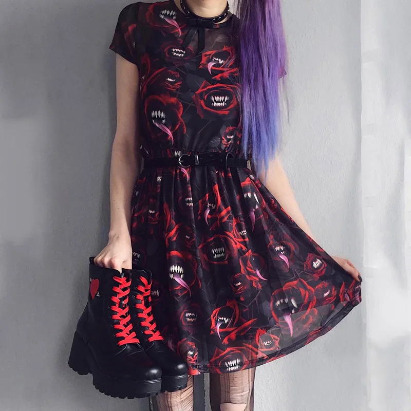 

Women Mesh Sexy Dress Gothic Punk Black Red Mini Short Sleeve Dress Print Patchwork See-through Party Club Hallowen Cool Dresses