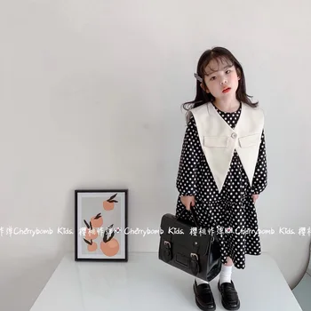 

2020 autumn and winter new girls' western style long-sleeved polka-dot dress with fashionable navy collar small shawl vest
