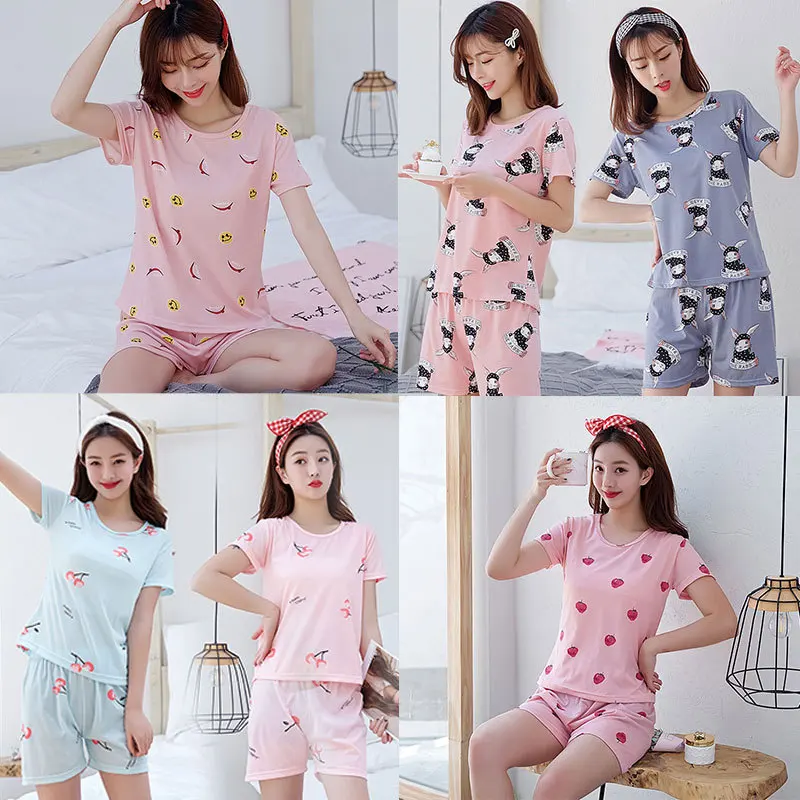 

130G Qmilch Pajamas WOMEN'S Short Sleeved Shorts Homewear Set Strawberry Cherry Smiley Pepper wei jin tu