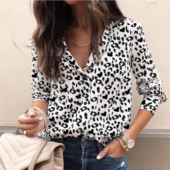 

Fashion Women Long Sleeve Leopard Blouse V neck Shirt Ladies OL Party Top Dames Streetwear blusas femininas elegante Plus