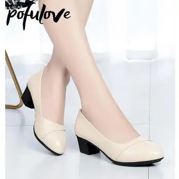 Pofulove Women Mid Heel Shoes Office Lady Pumps PU Leather Black Basic Square Heeled Shoes Spring Autumn Loafers Female Zapatos 5