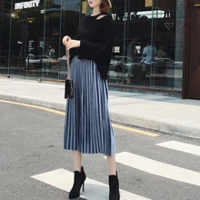 Осень-зима, Женская юбка с высокой талией, однотонная плиссированная повседневная юбка, прямая юбка до середины икры
