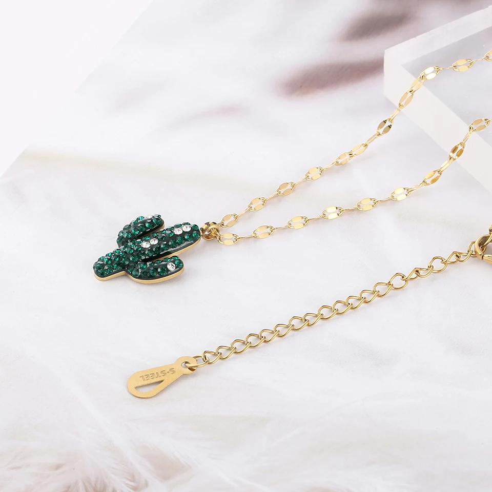 Кактус зеленый циркониевый титановая цепочка с подвеской из нержавеющей стали материал цепь ожерелье инкрустированный Циркон Модный женский ювелирный подарок