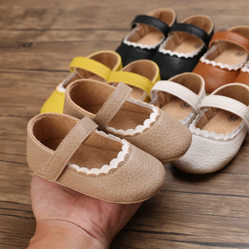 Infant Newborn Baby Girls Princess Non-Slip Floral Border Shoes Toddler Baby Soft PU Leather Prewalker Shoes Solid First Walkers