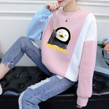 

PENGSOO Hoodies Sweatshirt Women Korean Kawaii Cartoon Penguin Mascot Print Pullover Casual Streetwear Harajuku Spell Color Tops