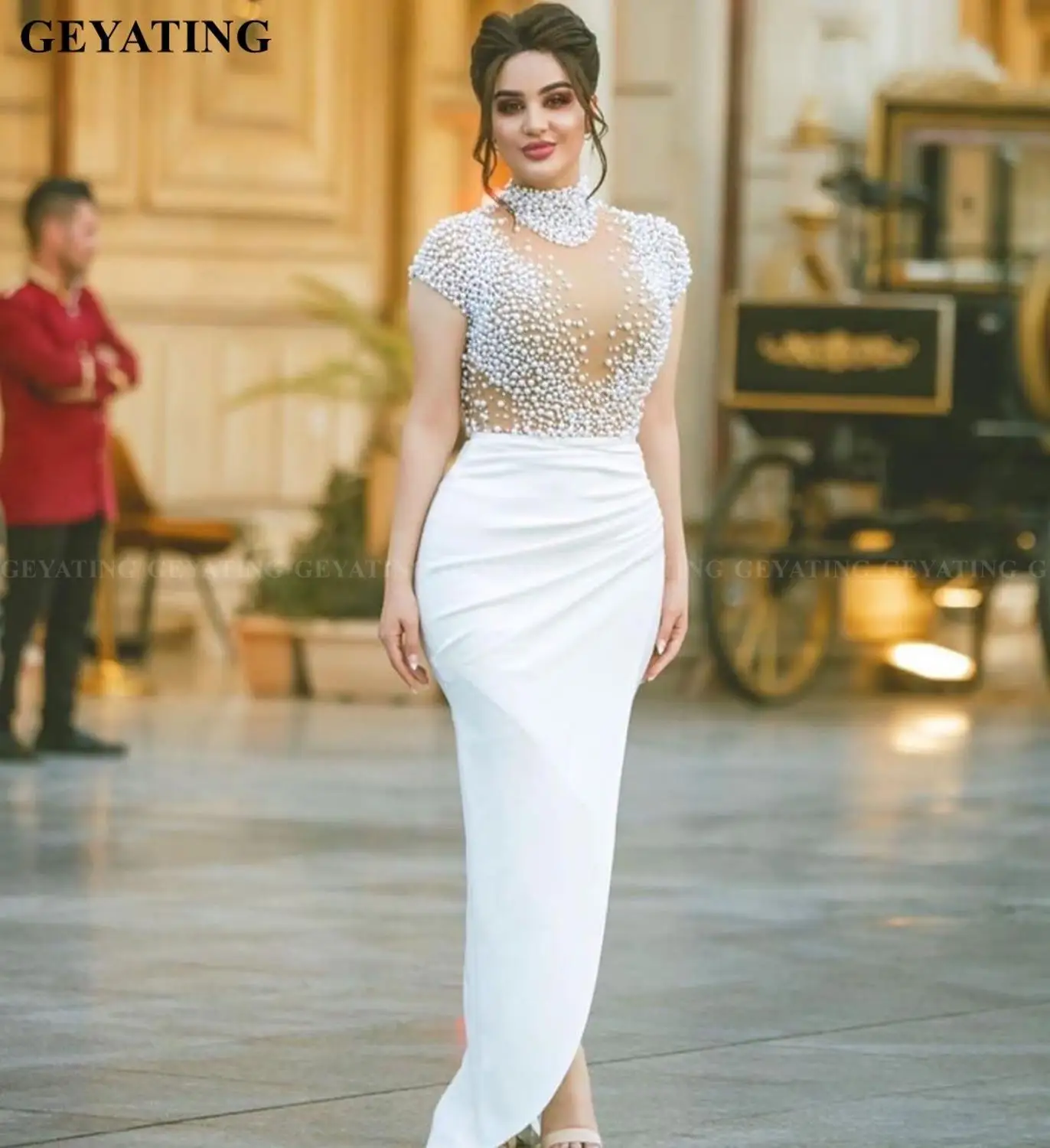#Special Offers Arabisch Kaftan Witte Parels Avondjurk 2020 Elegante Hoge Hals Cap Mouw Dubai Prom Jurken Lange Vrouwen Formele Gowns met slit