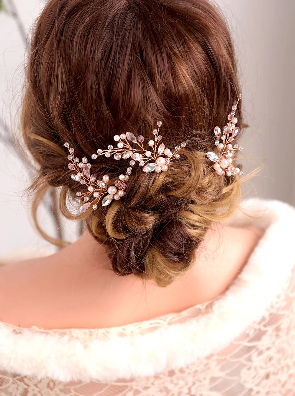 Bridal Headwear Rose gold Rhinestones Crystal Pearls Hair Pin for Wedding set of Headdress of women Ornaments