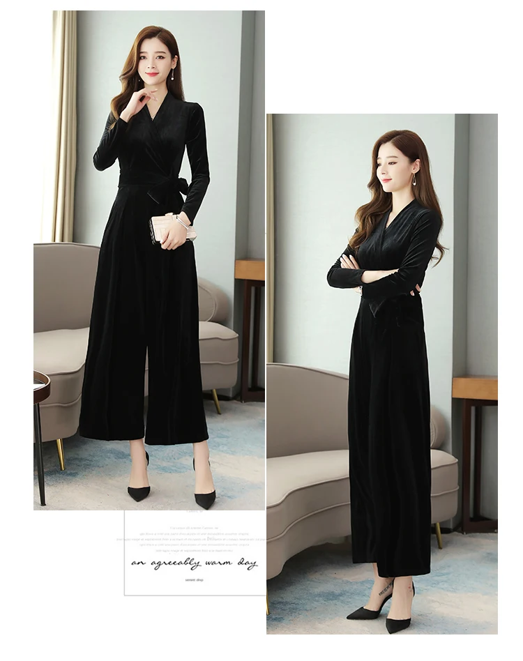long sleeve velvet jumpsuit women winter Runway elegant black V Neck plus size wide leg sashes maxi floor length romper