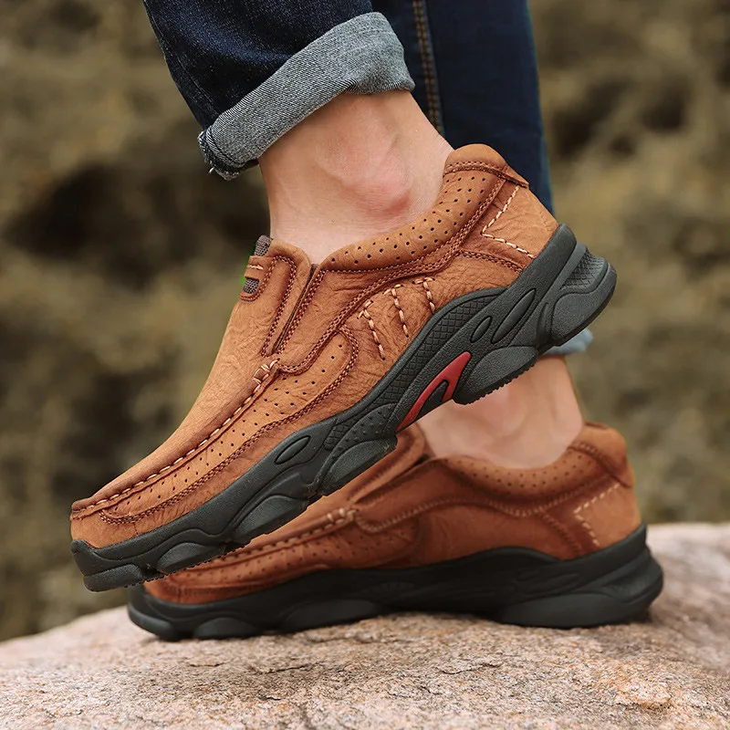 Handmade Genuine Leather Mens Sneakers Walking Driving Breathable Footwear Male Outdoor Leisure Shoes Business Dress Big Size 46