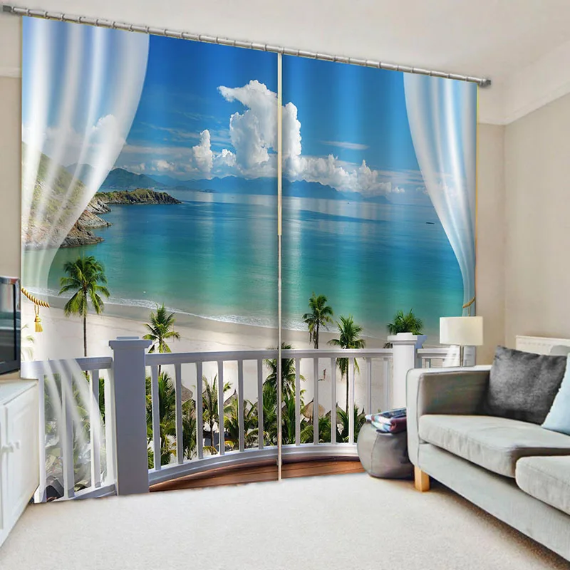 Art Sea Beach Print Window Decor Indoor Room Wall Blackout Pleated Drape Curtain 