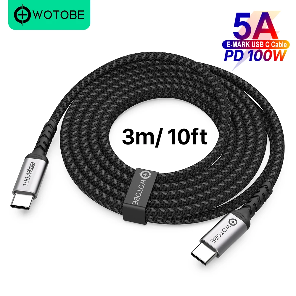Кабель USB C-USB C 3 м 100 Вт WOTOBE длиной 10 футов Type-C 5A E Mark быстрая зарядка нейлоновый
