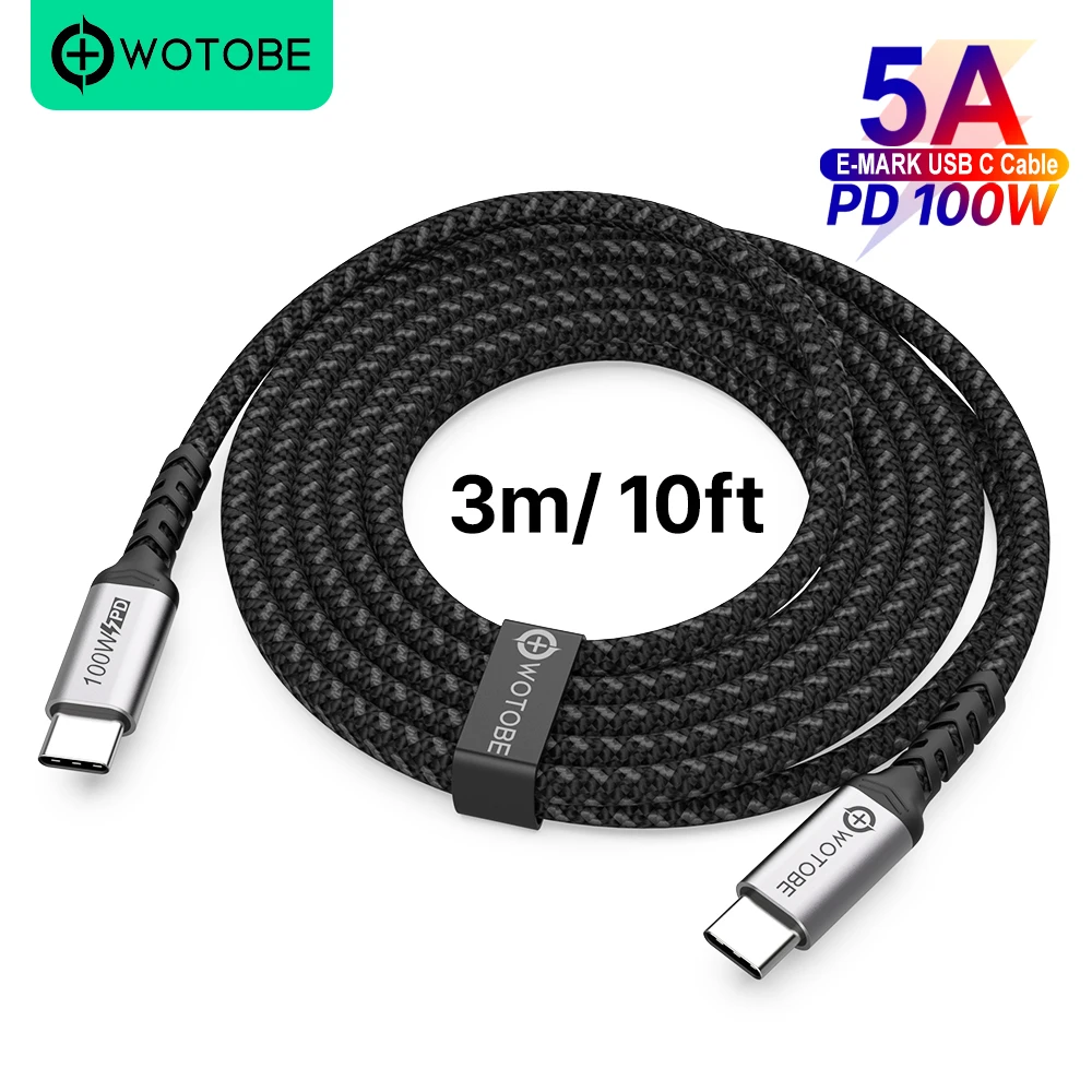 USB C to USB C Cable 3m 100W, WOTOBE Long 10ft USB Type-C 5A E Mark Fast Charging Nylon Braided Cord Compatible MacBook Pro iPad types of mobile charger