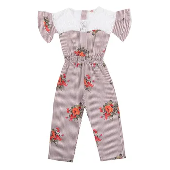 

2020 Summer Baby Girls Outfits Floral Print Romper Lace Round Collar Ruffle Short Sleeve Jumpsuits Children 3-8T 2PCS Clothing