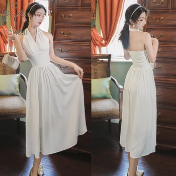 

YOSIMI 2020 Summer White Long Women Dress Elegant Chiffon Sleeveless Backless Evening Party Mid-Calf Empire Halter Sexy Dress