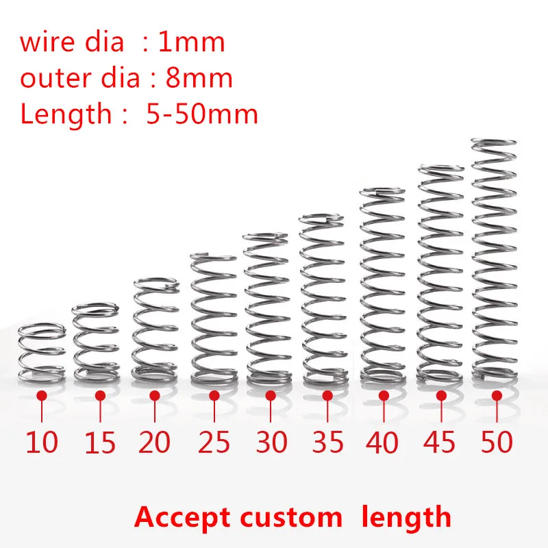 

10Pcs/lot 1mm 1x8mm Stainless Steel compression spring wire diameter 1mm outer diameter 8mm length 10-50mm