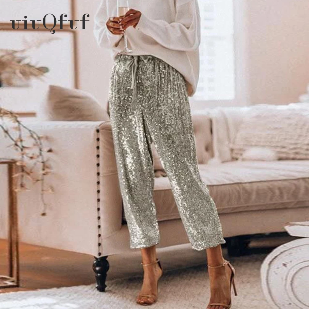 Брюки карго женские блестящие с высокой талией пикантные Повседневные Вечерние