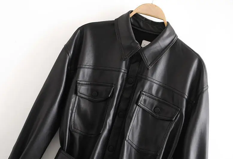 Faux Leather Coats Women Fashion Slim PU Jackets Women Elegant Tie Belt Waist Pockets Buttons Coats Female Ladies