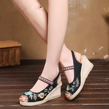 

2019 Canvas Vintage Women Straw sandals new high-heeled wedge sandals national embroidered Floral pu leather shoes Lady sandals