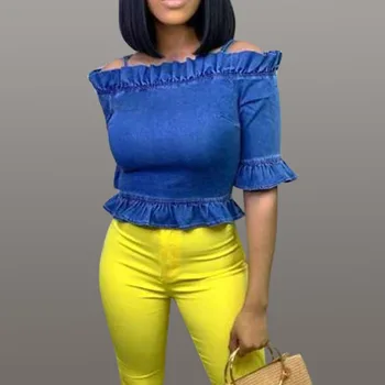 

Off Shoulder Summer Jeans Short Blouse Blue High Waist Tunic Peplum Ruffles Half Sleeve Zipper Women Denim Tops Streetwear