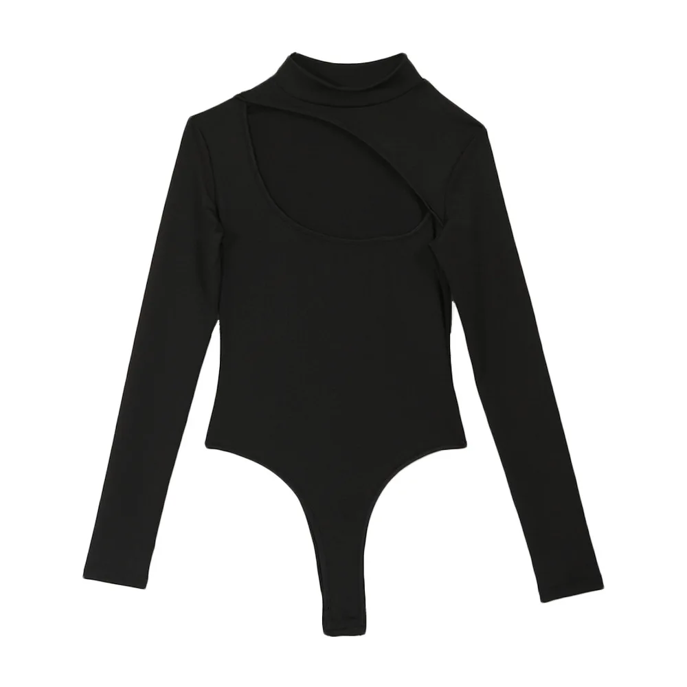 Trendy Women free shipping clothes Long Sleeve Hole casual Bodysuit Stretch Leotard Polyester Turtleneck Jumpsuit one pieces