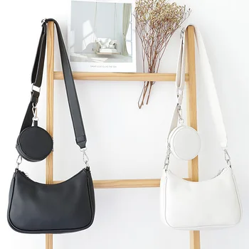 

Baguette Shape Pu Leather Handbag with Mini Circular Purse 2020 Women Vintage Fashion Artificial Leather Small Messenger Bag