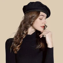 

2022 Spring Autumn Hats for Women Star Belt Cotton/ PU Leather British Retro Lady Octagonal Hat Female Black Artist Painter Caps