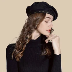 2022 Spring Autumn Hats for Women Star Belt Cotton/ PU Leather British Retro Lady Octagonal Hat Female Black Artist Painter Caps
