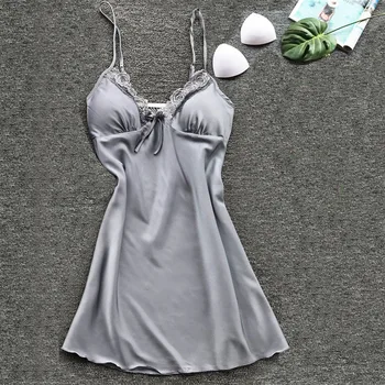 

Women Nightdress Sexy mini dress Soft Comfortable Satin Lace Sleepwear nightgown Summer Autumn Sling V-neck camisola sexy@50