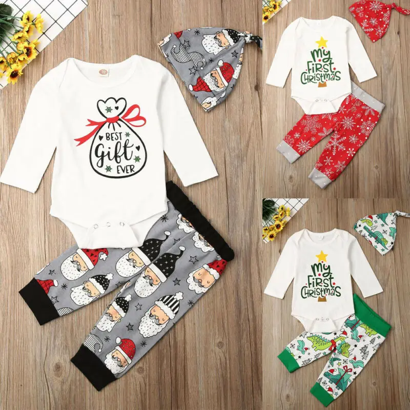 Emmababy, 3 предмета, Одежда для новорожденных мальчиков комбинезон с длинными рукавами и принтом «My First Christmas»+ штаны с принтом животных Осенняя повязка на голову