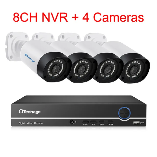 8CH NVR 4 Cameras Techage H.265 8CH 5MP POE NVR безопасности 4 шт. система камеры до 16ch NVR P2P наружная ip-камера домашняя CCTV комплект видеонаблюдения - Цвет: 8CH NVR 4 Cameras