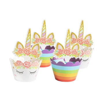 

48pcs Cake Topper and Wrapper Colorful Flamingo Pineapple Decorative Cute Unicorn Topper Wrapper Linner Party Supplies for Decor