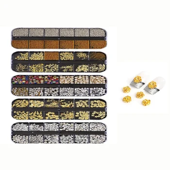 

10 Pcs Golden Rose Shape Silver 3D Alloy DIY Decorations & 5 Box Gold Nail Art Studs Metal Decoration
