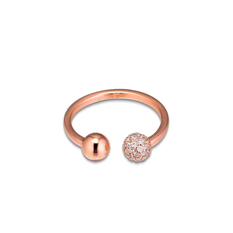 Rose Polished& Pave Bead Open Rings Authentic 925 Sterling-Silver-Jewelry with Clear CZ Free Shipping