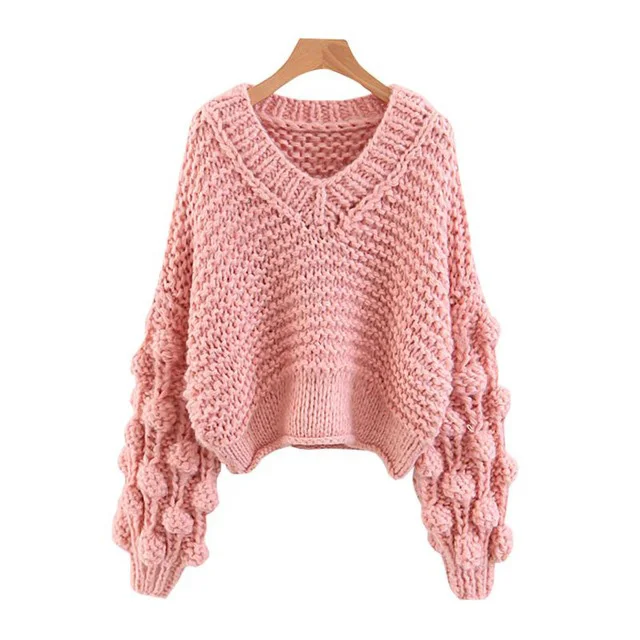 Серый уличная одежда ручной вязки короткие пуловеры для женщин осень V шеи фонарь рукав укороченный свитер джемпер Pull Femme - Цвет: Pink