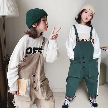 

2020 autumn new girls fake two-piece three-dimensional pocket double bib pants