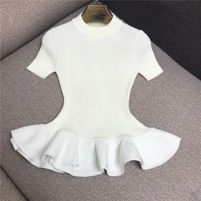 

Spring Summer New Retro Temperament Elegant Waist Lotus Lace Hem Slim-Fit Short-Sleeved Sweater Top Women's Stretch Sweater Pull