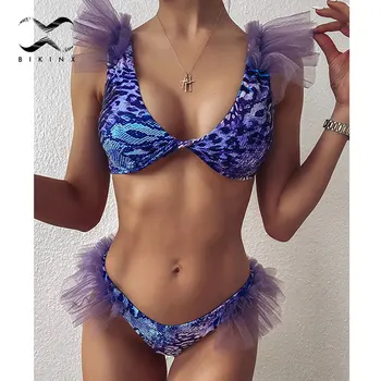 

Ruffle sexy bikini set Snakeskin printed women's swimsuit Female biquine High cut bikini Push up swimwear 2020 Mesh bathing suit