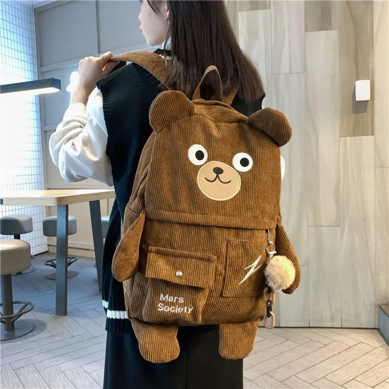 Japanese Corduroy Bear Backpacks for Cute Women Multi-pockets School Bags Large Capacity Backpack Teenger Girls Schoolbag Female stylish eco friendly backpacks