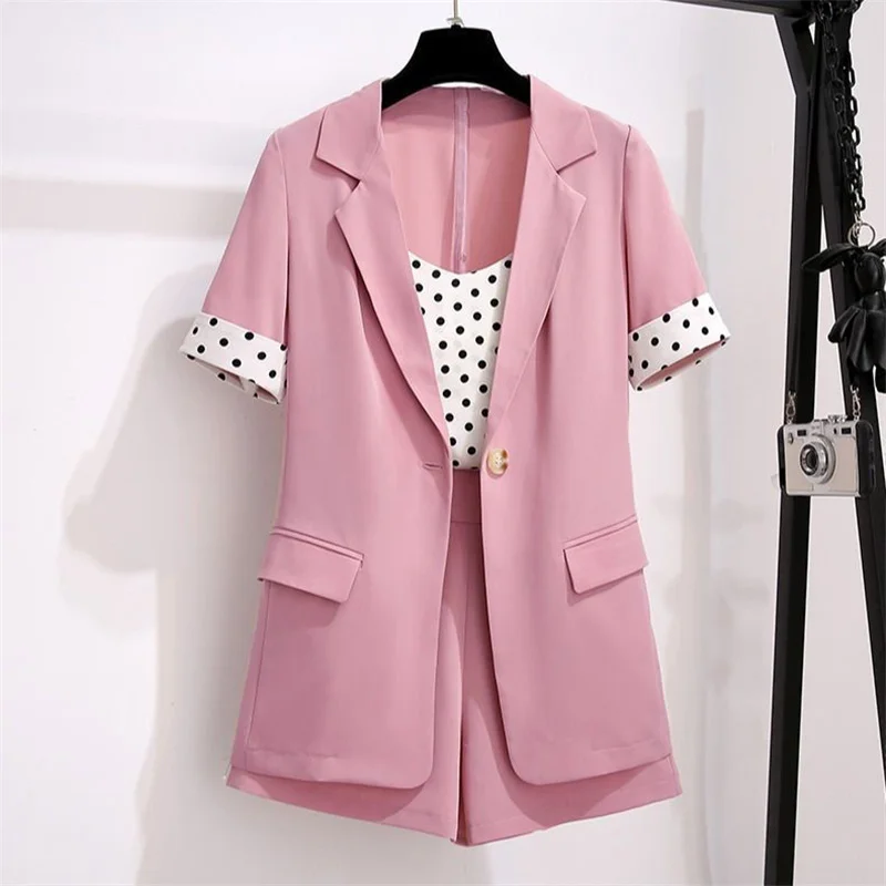 womens loungewear Women Short Sleeve Blazer Shorts with Crop Tops Elegant Casual 3 Pieces Sets Classy Office Ladies Suits Female Pink Summer matching lounge set